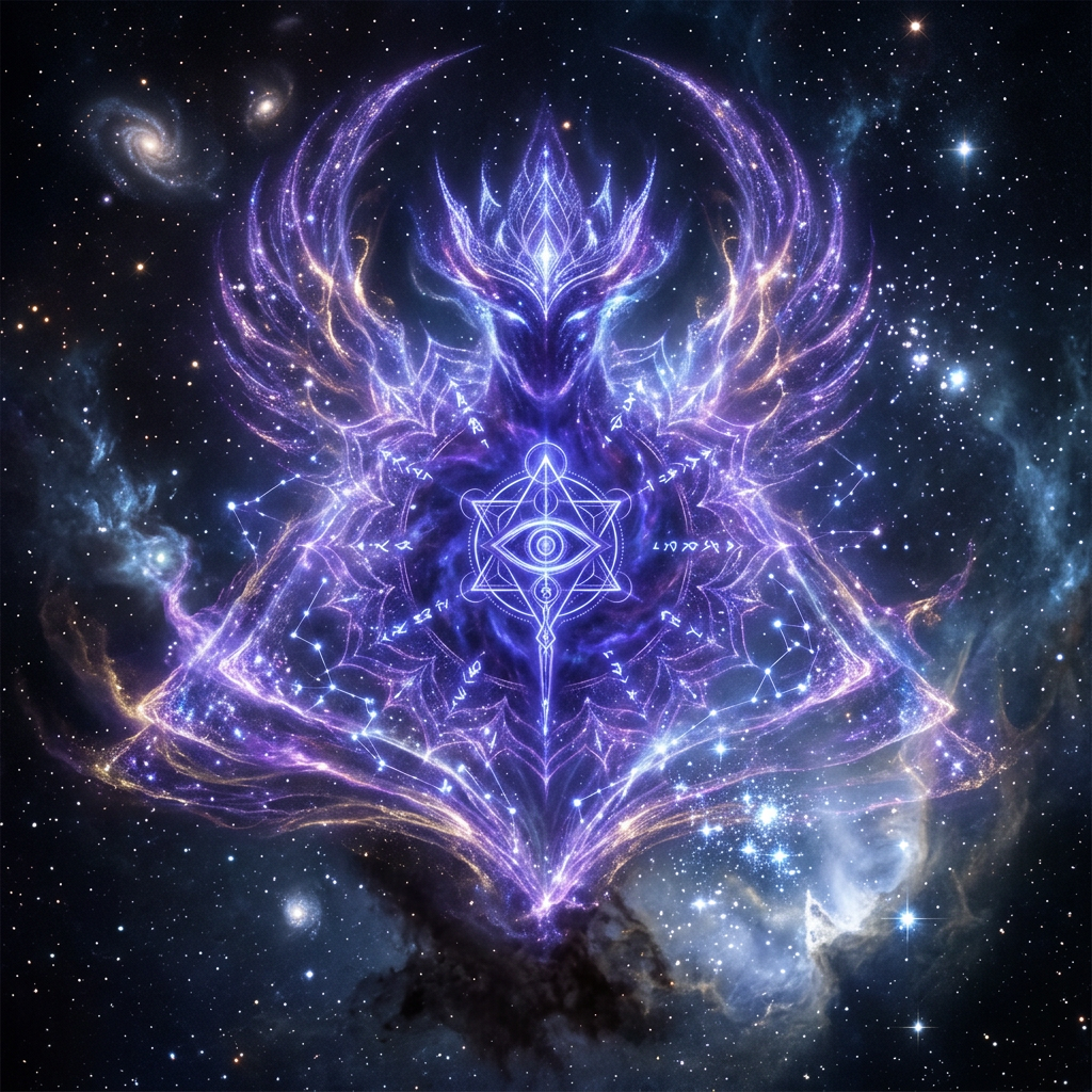 A glowing, purple-blue cosmic phoenix surrounded by constellations and mystical symbols in space