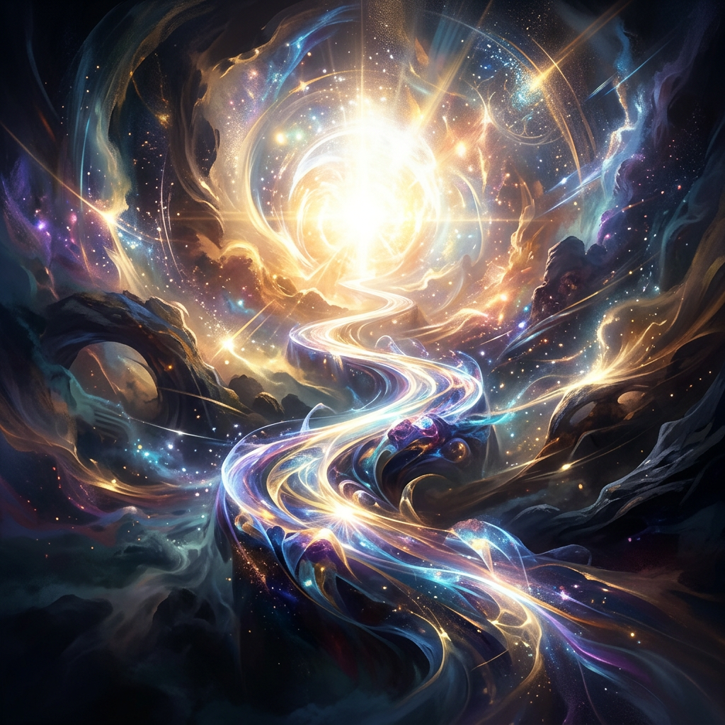 A glowing, swirling cosmic river leading to a bright radiant light surrounded by colorful nebulae and stars